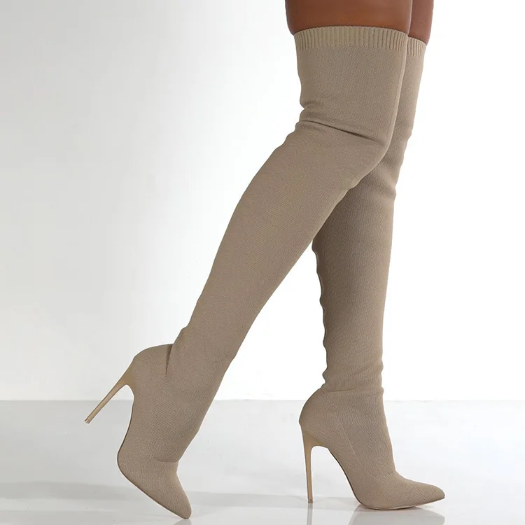 Womens Fall 2021 Sexy Winter Knitted Thigh Shoes For Women Knit Sock Stitching Over The Knee Long Thigh High Heels Boots