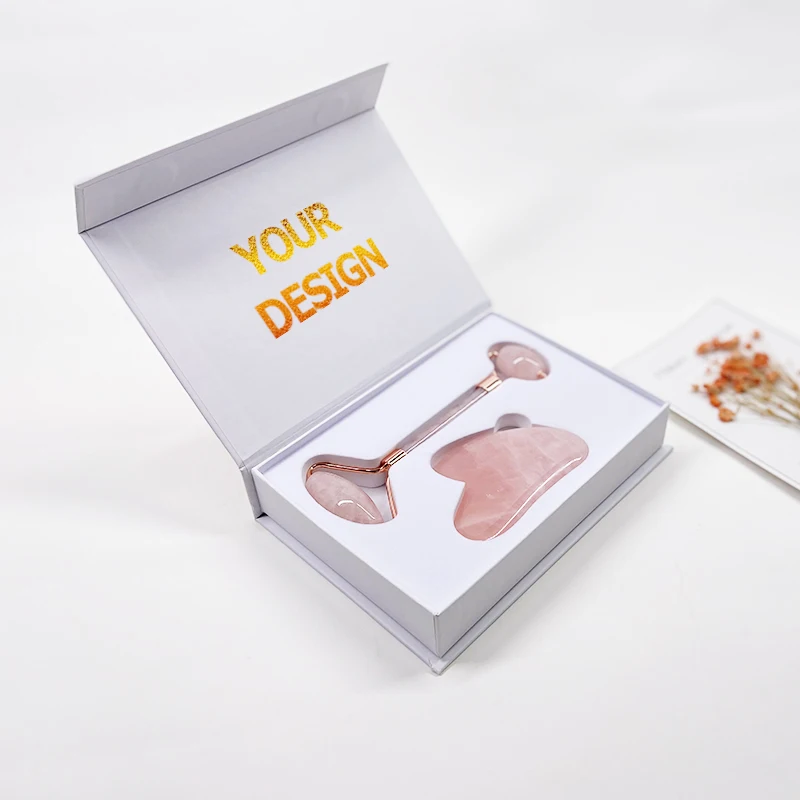 High quality private label eye massage roller anti aging pink rose quartz jade roller gua sha set with gift box