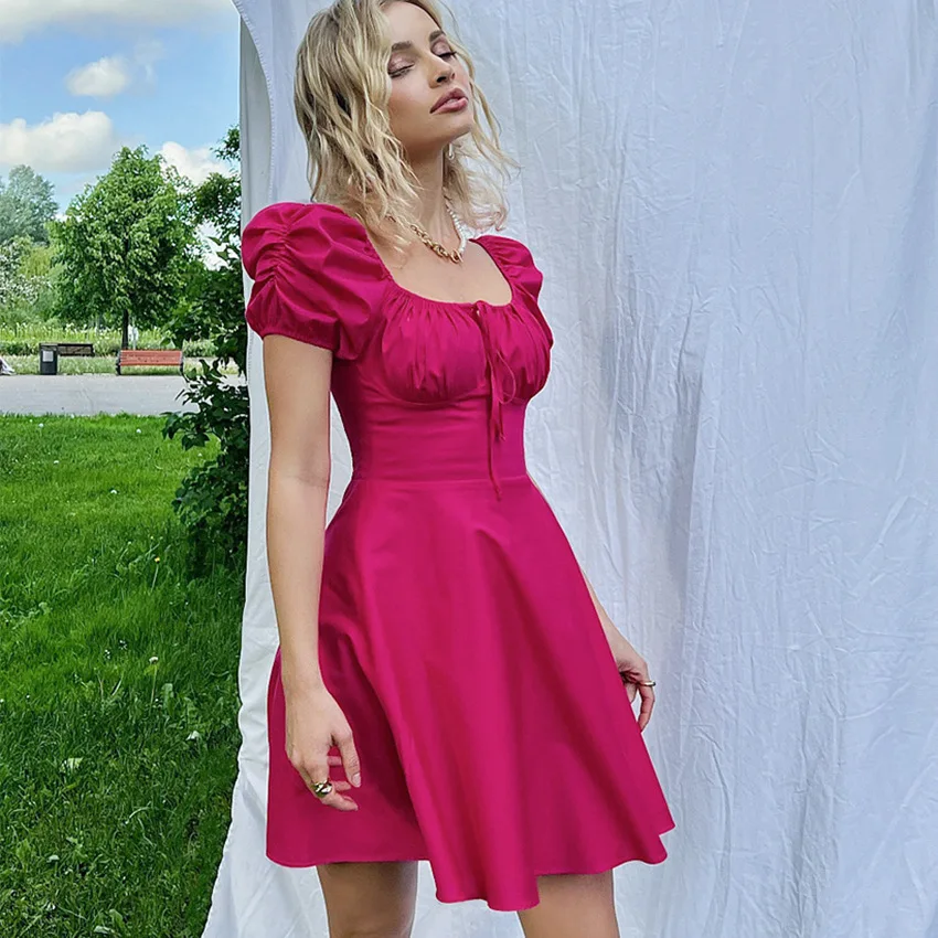 Mandy Summer Women Casual Short Dress Puff Sleeve Square Neck Fashion Dress Niche Designer American Clothes