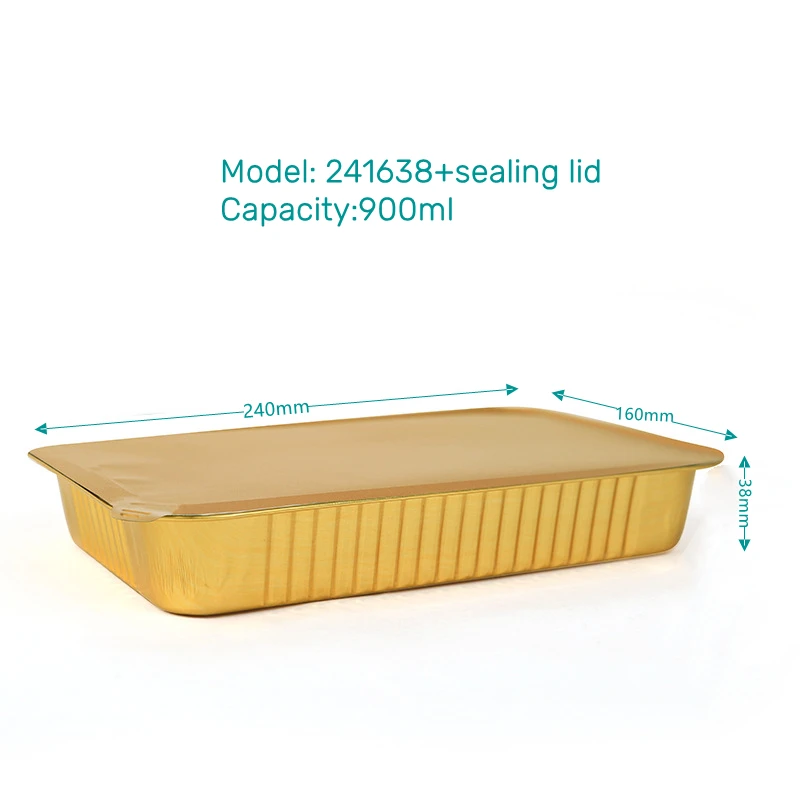 BGI custom size 900ml square gold sealing disposable food container baking aluminum foil take out food tray with cover
