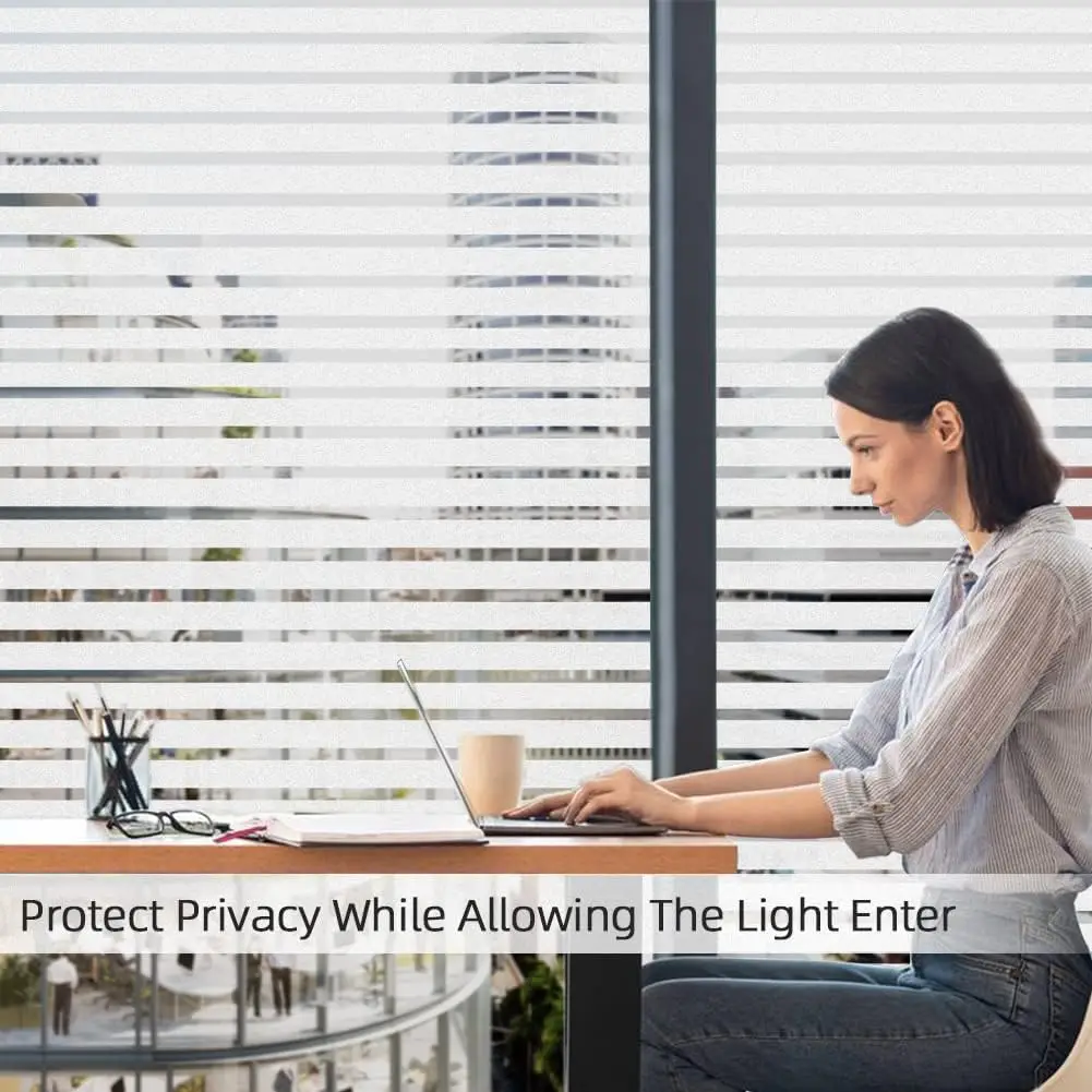 LAUFEN Frosted Window Film Privacy Glass Non Adhesive Vinyl Removable Static Cling UV Protection Striped Pattern for Home Office