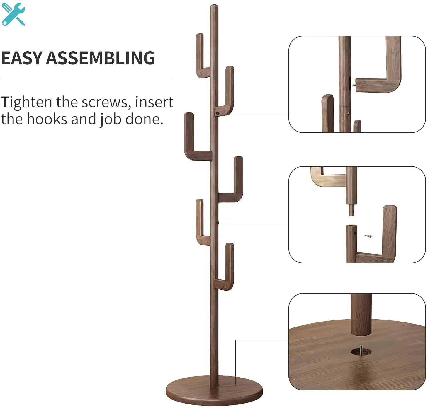 Hallway Entrance with 6 Hooks for Bedroom Office Clothes Jacket Purse Bag Cactus Shape Walnut Freestanding Coat Tree