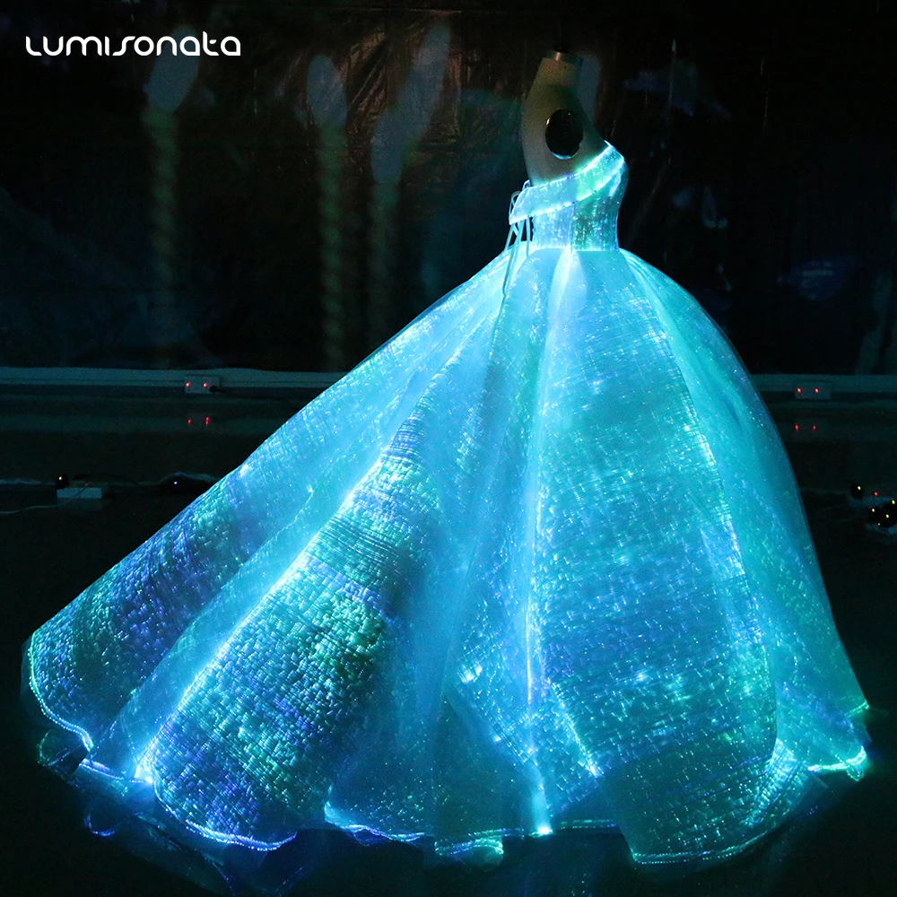 Luxury Women Evening Party Wear Lace Night Lighting Glow in the Dark Light up Luminous Glowing LED Fiber Optic Wedding Dress