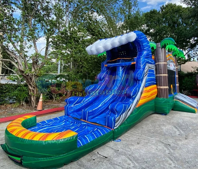 
Commercial kids dual lane tropical jump combo waterslide pool obstacle bouncy castle bouncer inflatable water slide bounce house 