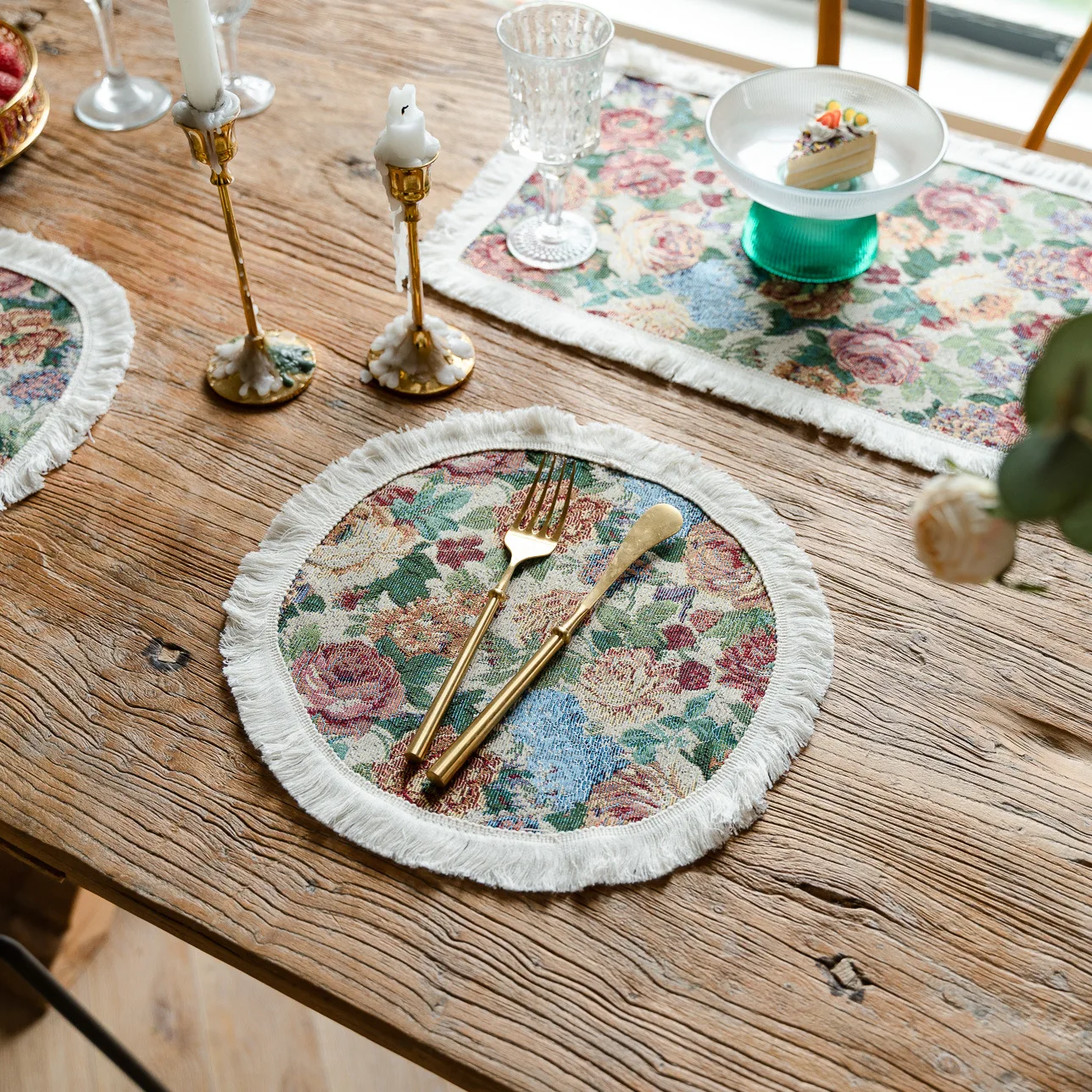 Tabletex American Vintage Style Fringed Round Placemats Floral Doilies Kitchen Table Cloth Decorative Dining Room Table Mats