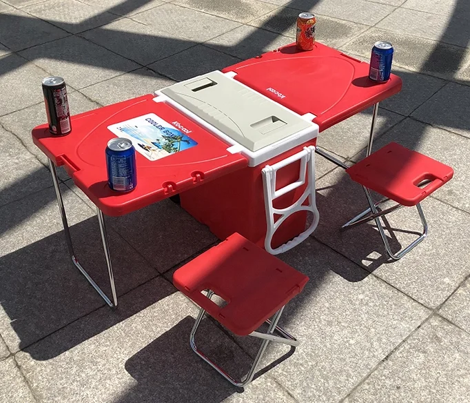 
Hot-sale Outdoor 28L portable camping cooler box set foldable function with table and stool and wheel 