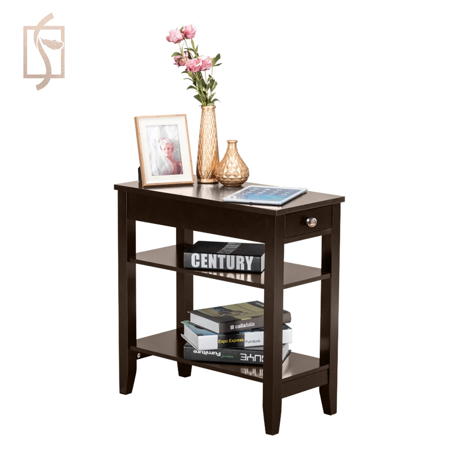 Кофейного цвета двухслойный прикроватный столик с ящиками коричневый ночной