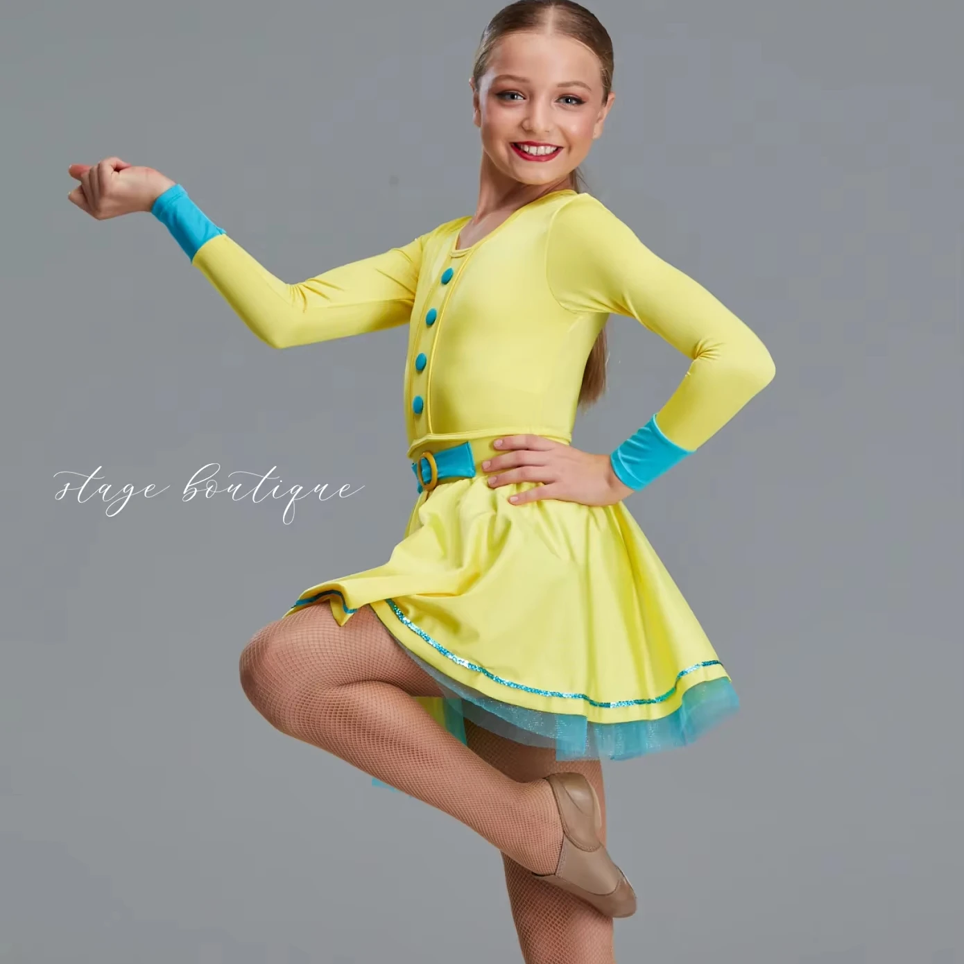 Girls  Yellow Lycra Fabric Back Zipper Jazz/ Tap Dance Dresses With Tutu Skirt Ballet Long Sleeve Costume for Performance
