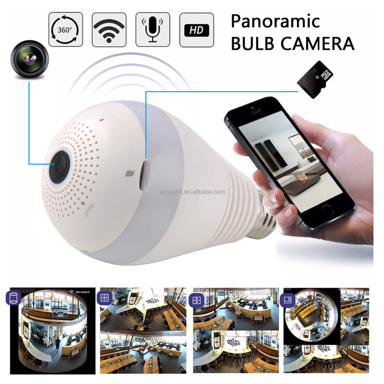 Anspo 1080p wifi camera E27 Light Bulb 360 Degrees 2.0MP Smart Wireless IP security Camera Panoramic Fisheye Bulb Light Camera