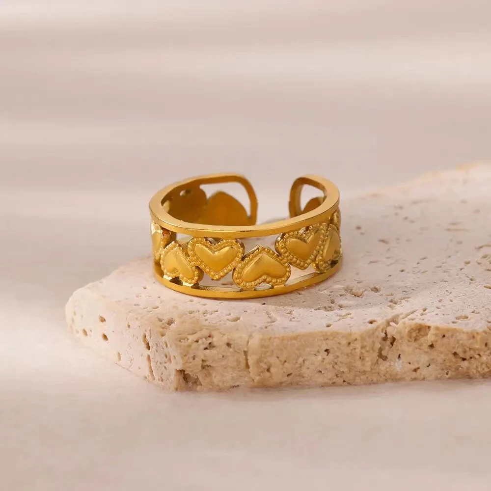 Wholesale 18k Gold Plated Stainless Steel Superposition Heart Shape Love Heart Adjustable Open Ring Jewelry