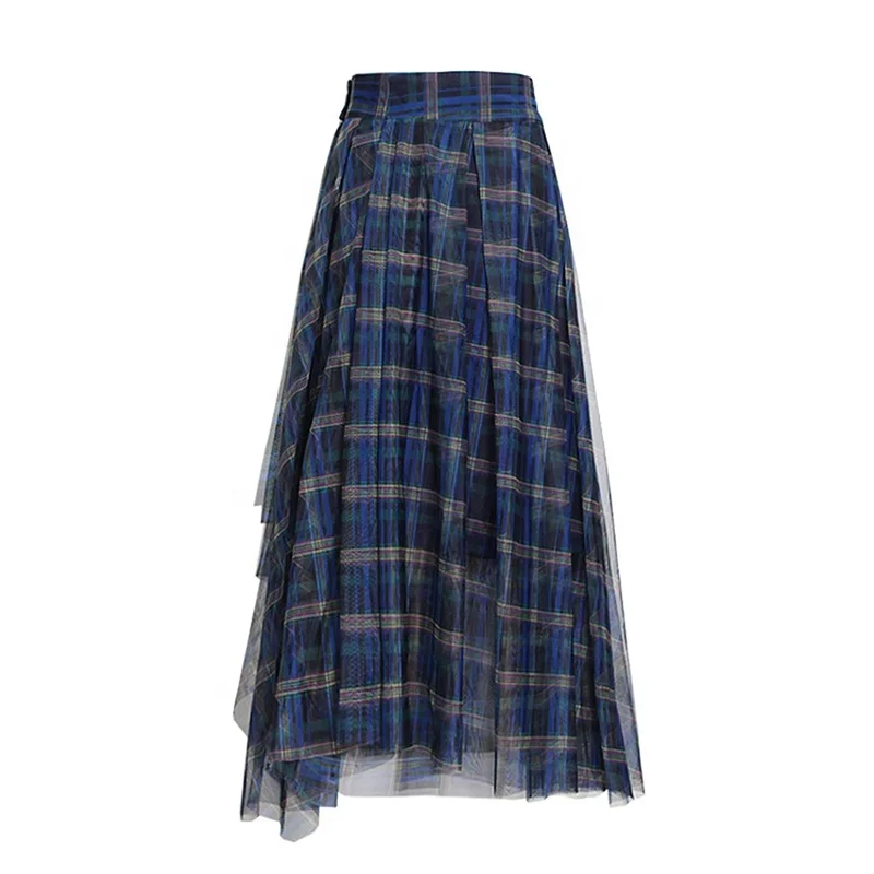 TWOTWINSTYLE Vintage Plaid Hit Color Ruched Irregular  Patchwork Mesh Female Skirt