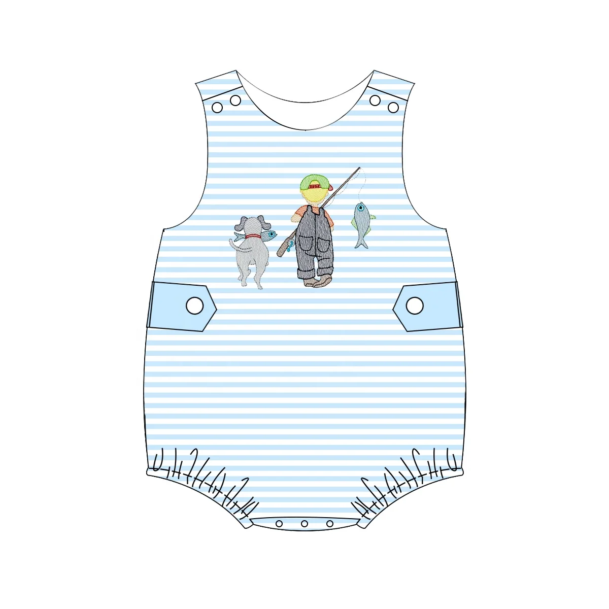 Puresun newest fishing embroidery baby girl clothes knit striped fashion sleeveless wholesale baby clothing summer sets