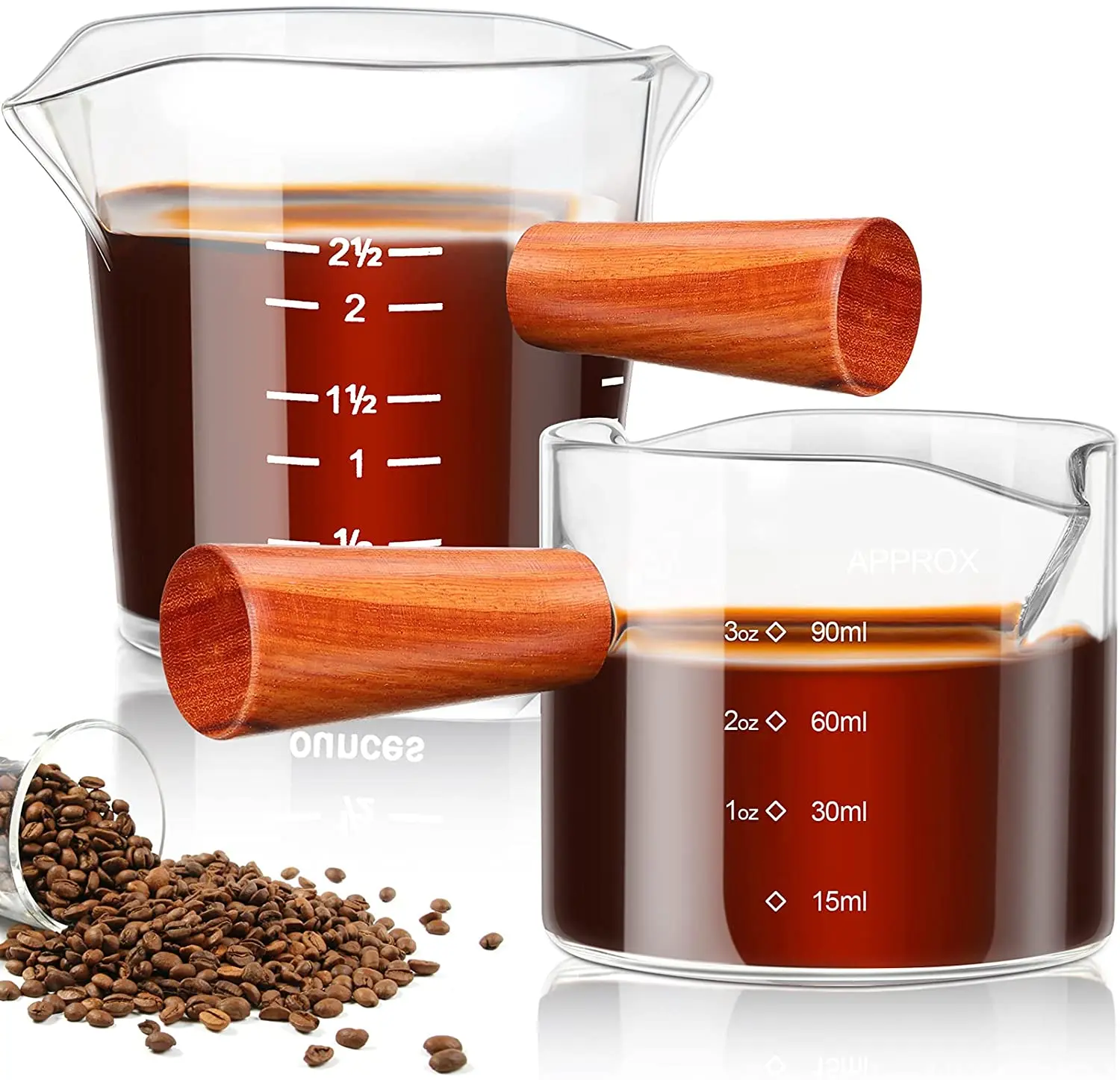 Measuring Shot Glasses Double Spouts Espresso Liquor Glass Cups Clear Round Beakers with Wooden Handle for Milk Coffee Tea