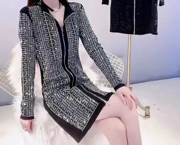 Горячая распродажа Стразы платье с длинным рукавом F Pattern