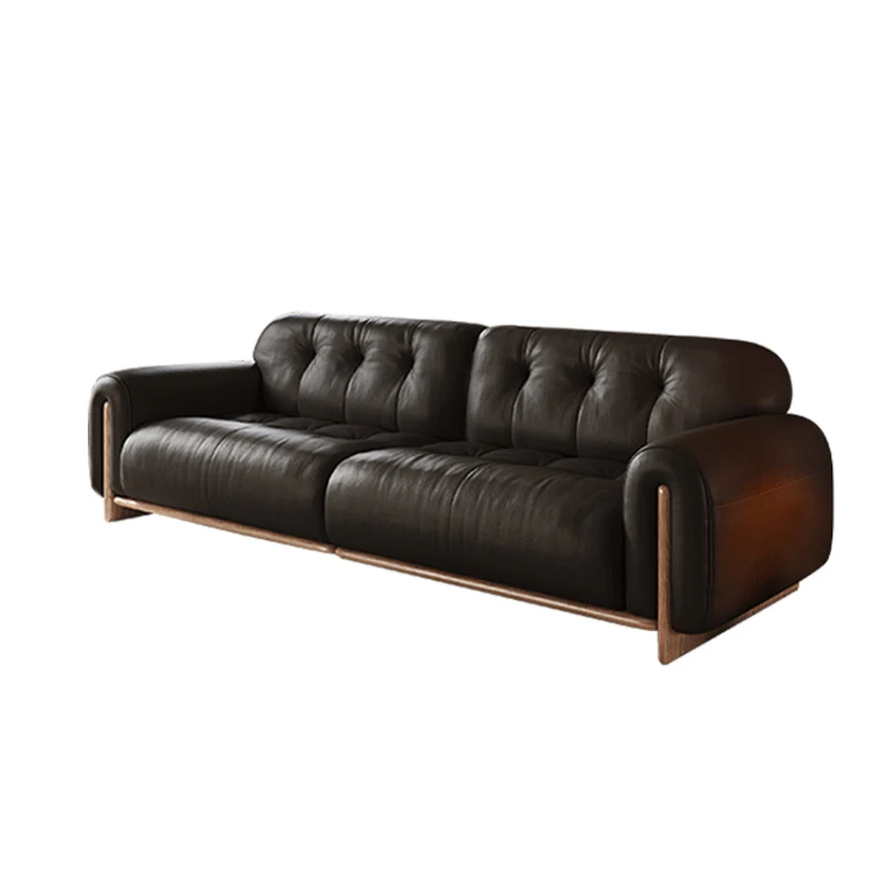 AOMISI CASA Italian Minimalist Black Leather Sofa Set Light Luxury Sofa Retro Straight Row Mid-ancient Style Living Room Sofas