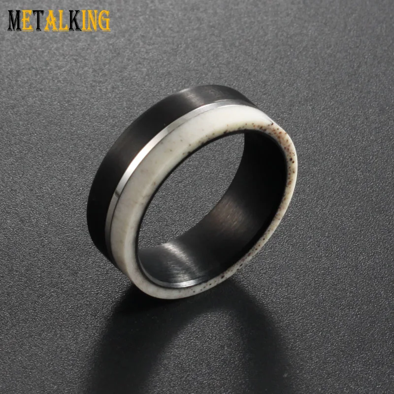 8mm Black Tungsten Carbide Ring Deer Antler Inlay Wedding Band For Men Women Flat Edge