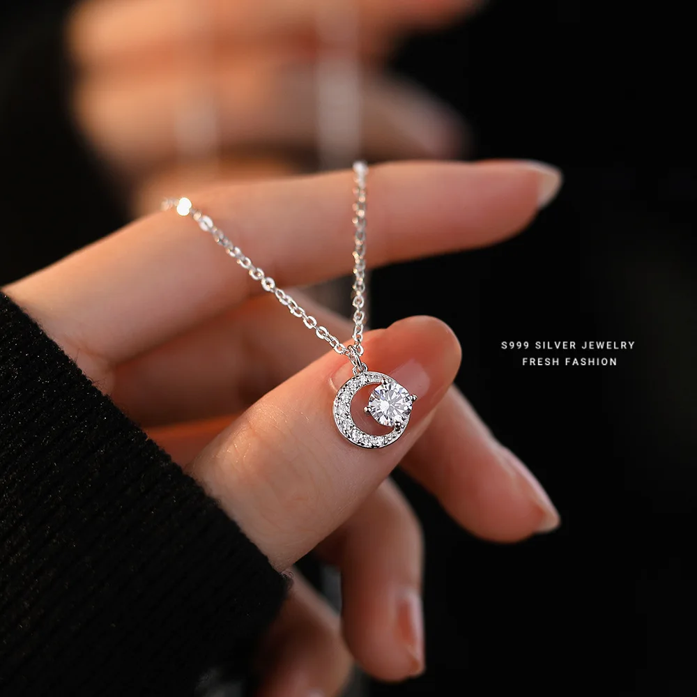 New Sterling Silver Crescent Moon Pendant Necklace Shining Zircon Necklace for women Light Luxury