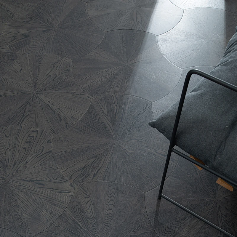 Dark Black Color Design Oak Wood Flooring  Curved Leaf Lotus Round Hexagon Woven Design Parquet Wood Flooring