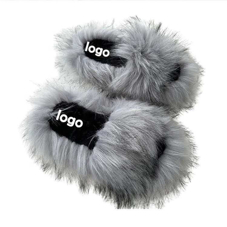 New Fur Plush Slippers Unisex Winter Outdoor Custom Warm Slippers Imitation Raccoon Fur Ladies Slippers