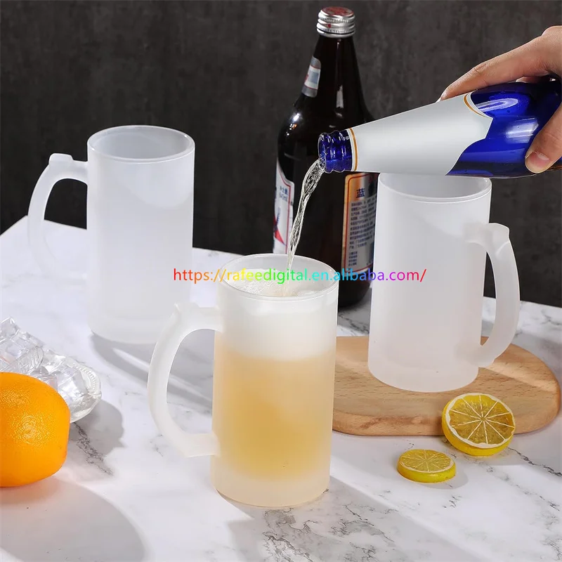 DIY Custom Logo Large 16oz 16 oz Clear Frosted Beer Glasses Cup Blanks Sublimation Glass Beer Mug with Handle German Style