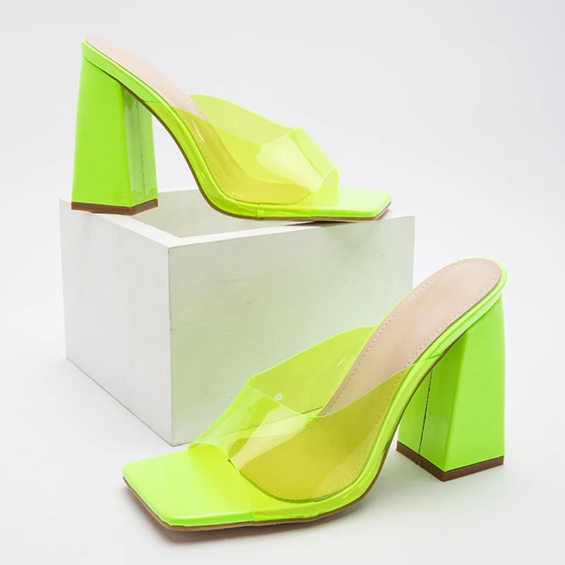 Size35-40 Summer Woman Pumps PVC Transparent With Square Toe Square Soles Thick High Heels Fur Peep Toe Mules Ladies Slippers