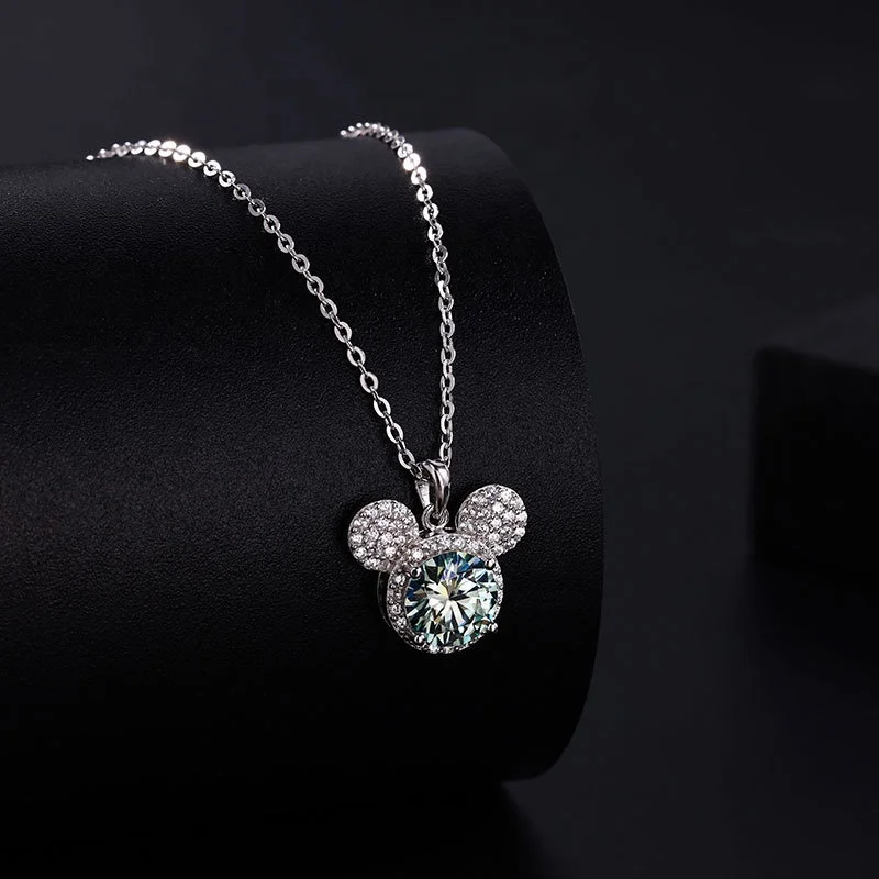 1 Ct  pink, blue ,white Moissanite Mickey mouse full diamond Pendant s925 sterling silver luxury necklace for women