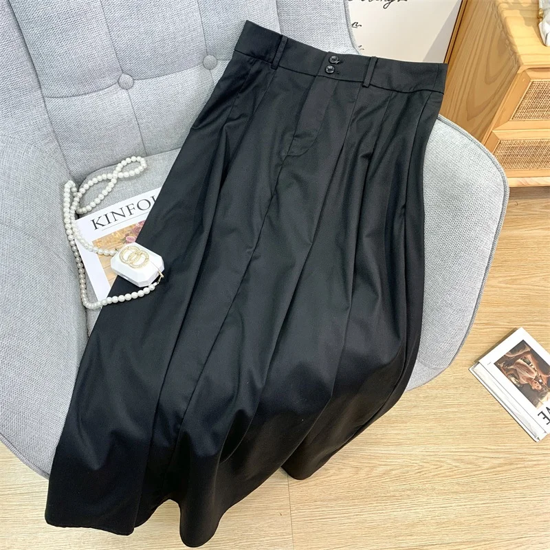 OUDINA 2022 New Stylish Summer Casual Low Waist Pleated Wide Skirt A-line Black Maxi Long Skirts