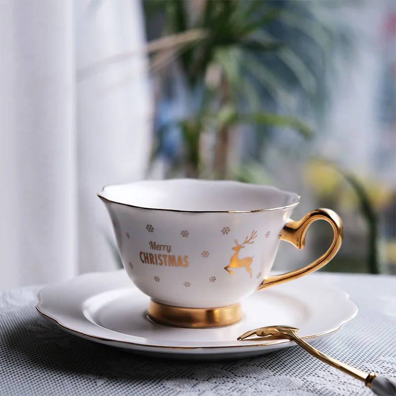 European style christmas series gold handle cafe cups ceramics elegant luxury ceramic coffee cups teacup and saucer