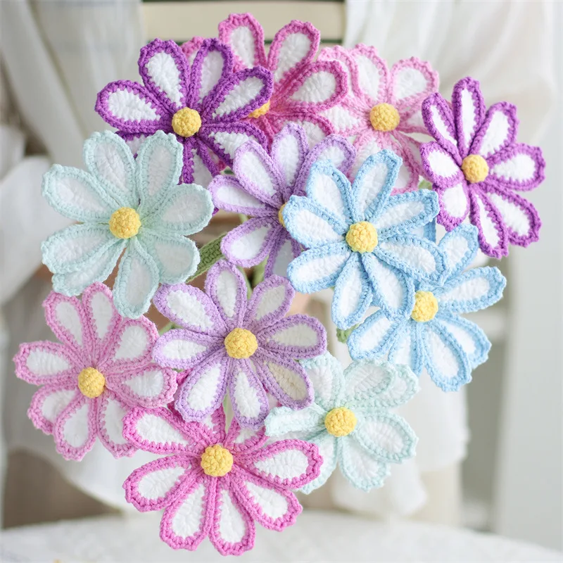 Hot Selling Handmade Yarn Wool Artificial Flower Knitting Colorful Galsang Flowers Crochet Bouquet Knitted Crochet  Flower