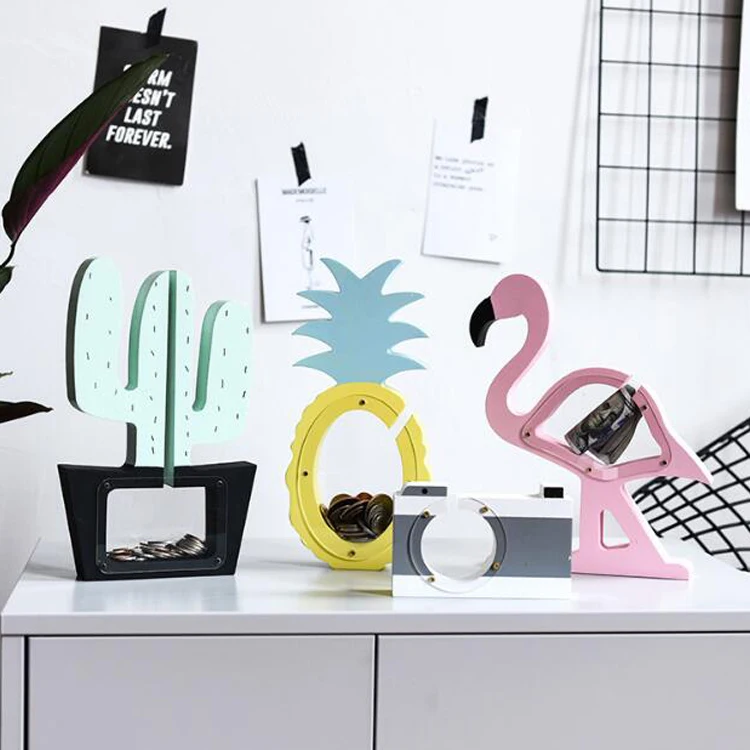 Multicolor Portable Money Coin Storage Saving Box Cute Cartoon Shapes Home Decoration Kids Wooden Piggy Bank