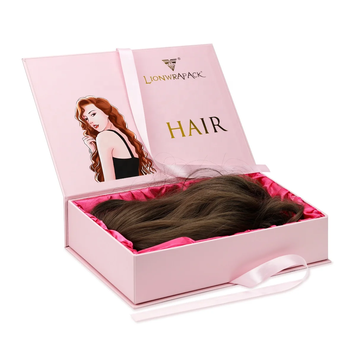 Luxury design clothes gift packaging human hair extensions boxes custom logo pink magnetic satin lined paper wig box