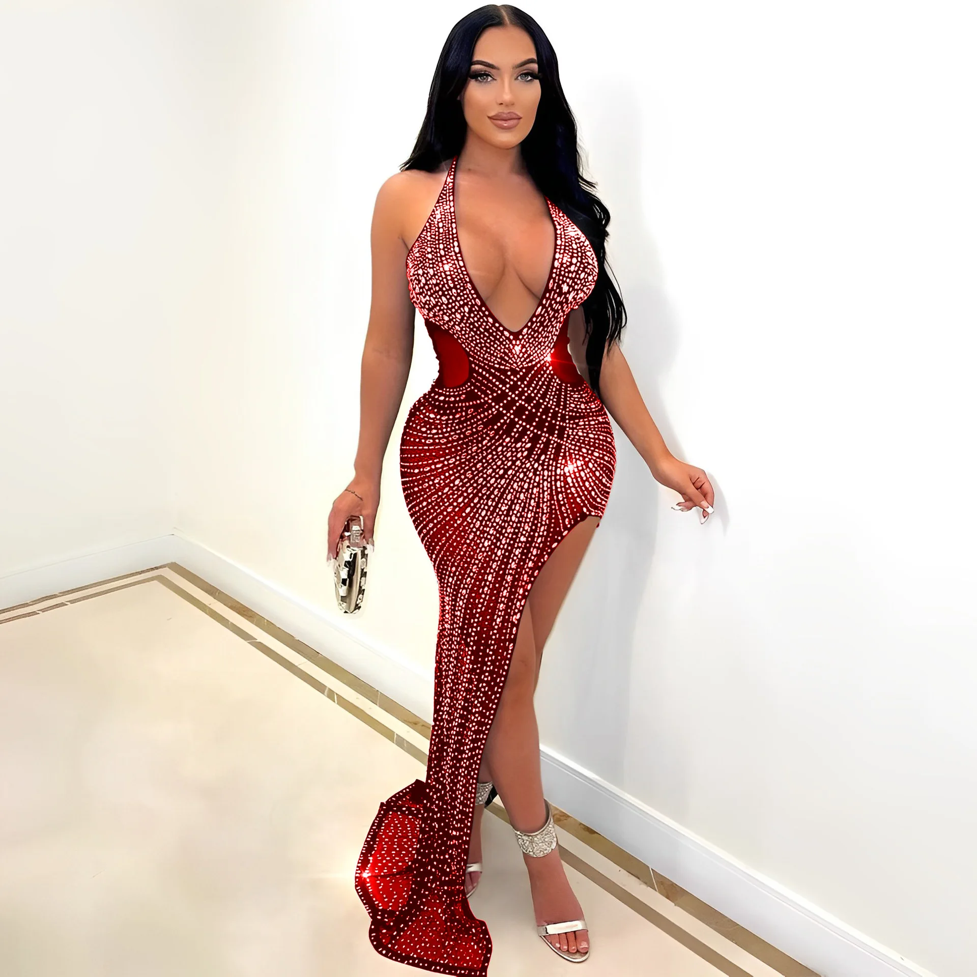 Womens Sexy Plunge V Neck High Side Split Halter Dinner Dress Mesh Cut Out Rhinestones Irregular Hem Long Evening Dresses