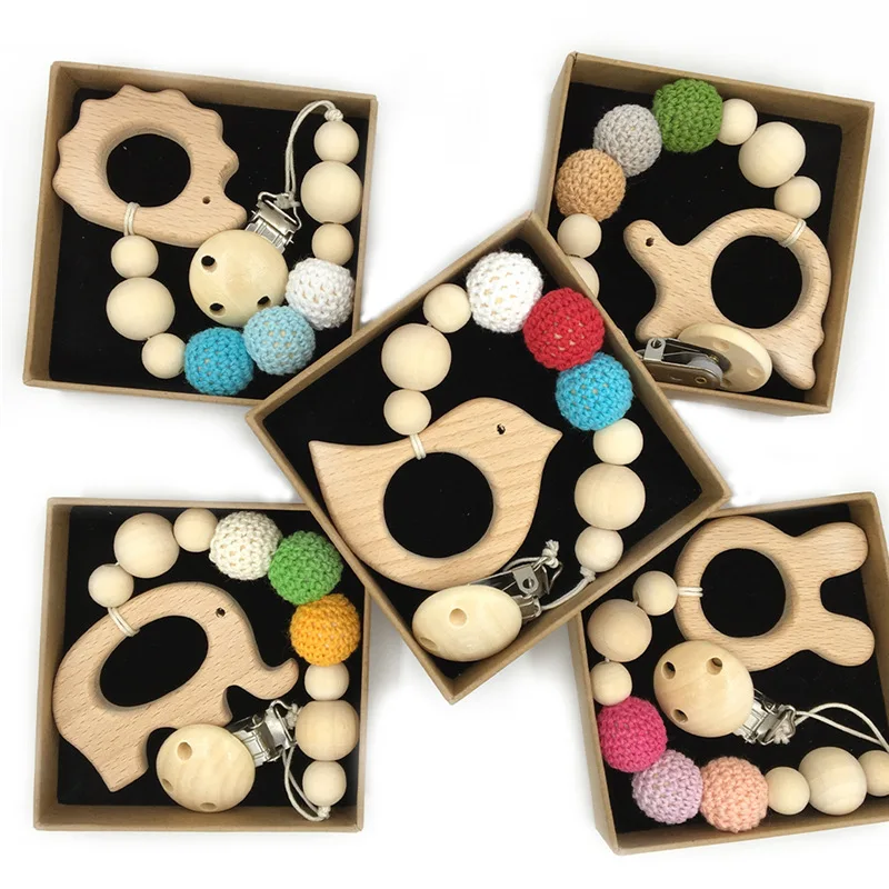 Wooden Teether Pacifier Clip Chain Baby Silicone Crochet Beads Baby Teeth Toy Wooden Teether Dummy Clip Teether Pacifier Chain