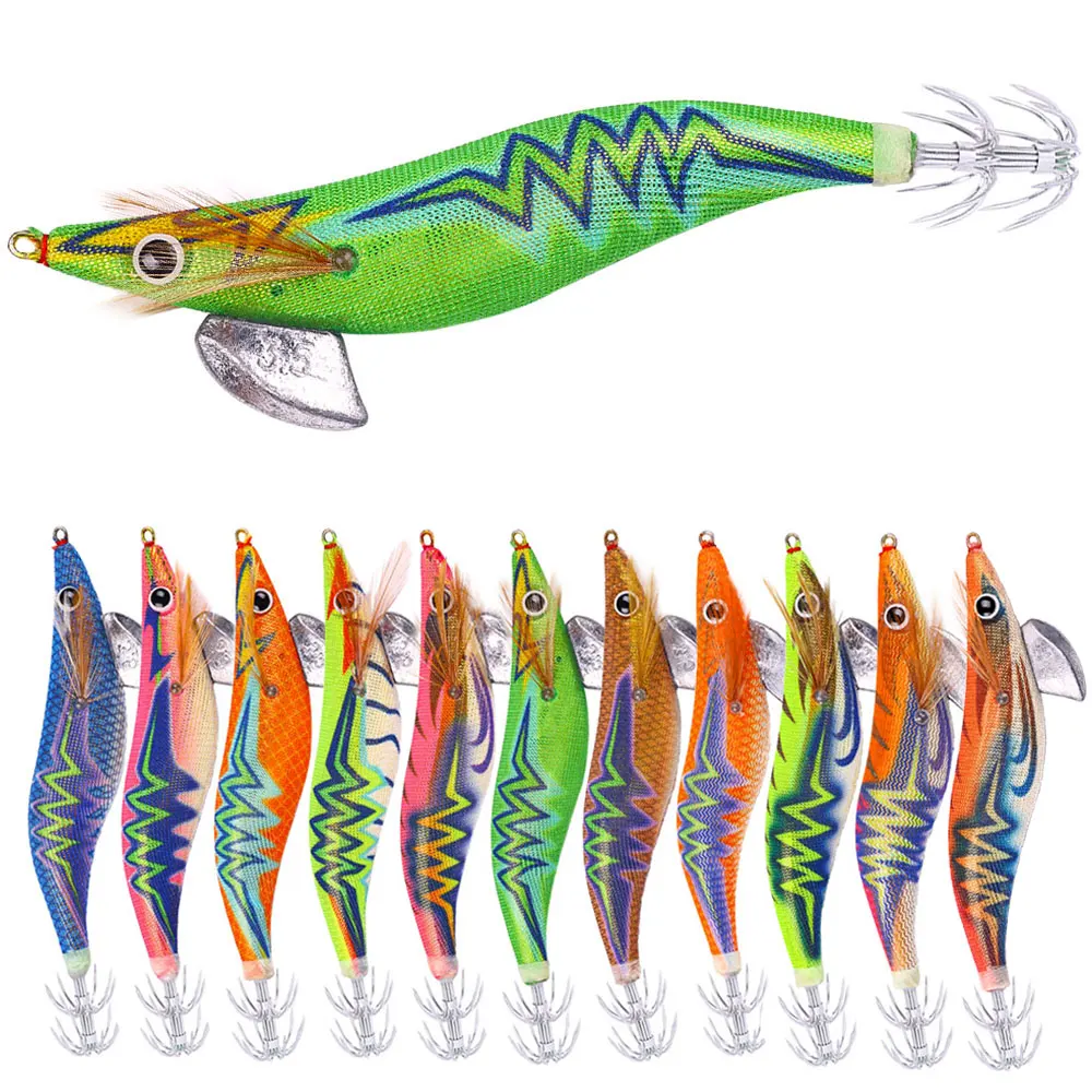 Wholesale 13.4cm 21.2g 3.5# Sea Saltwater Luminous Wooden Shrimp Squid Jig Fishing Lures