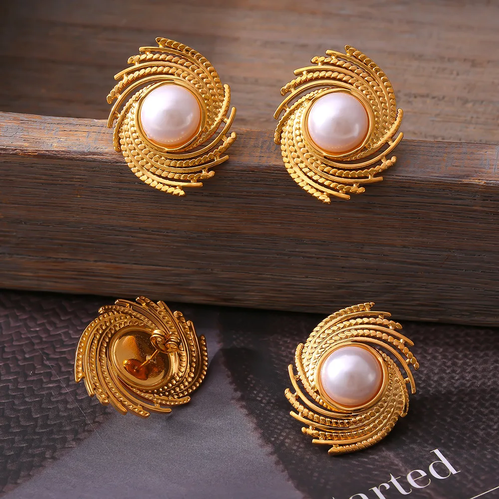 Hyperbole Irregular Geometric Earring 18k Gold Plated Stainless Steel Emerald Cat Eye Stone Inlay Spiral Coil Stud Earring