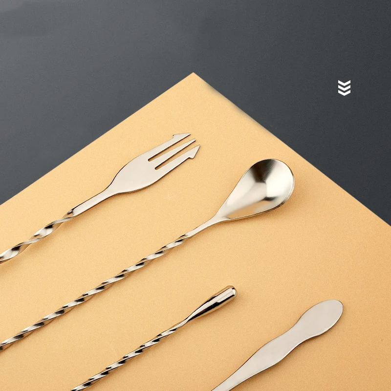 Custom Color Stainless Steel Milk tea coffee spoon Cocktail Mixer stick Ice Spoon with fork Bar Spoon