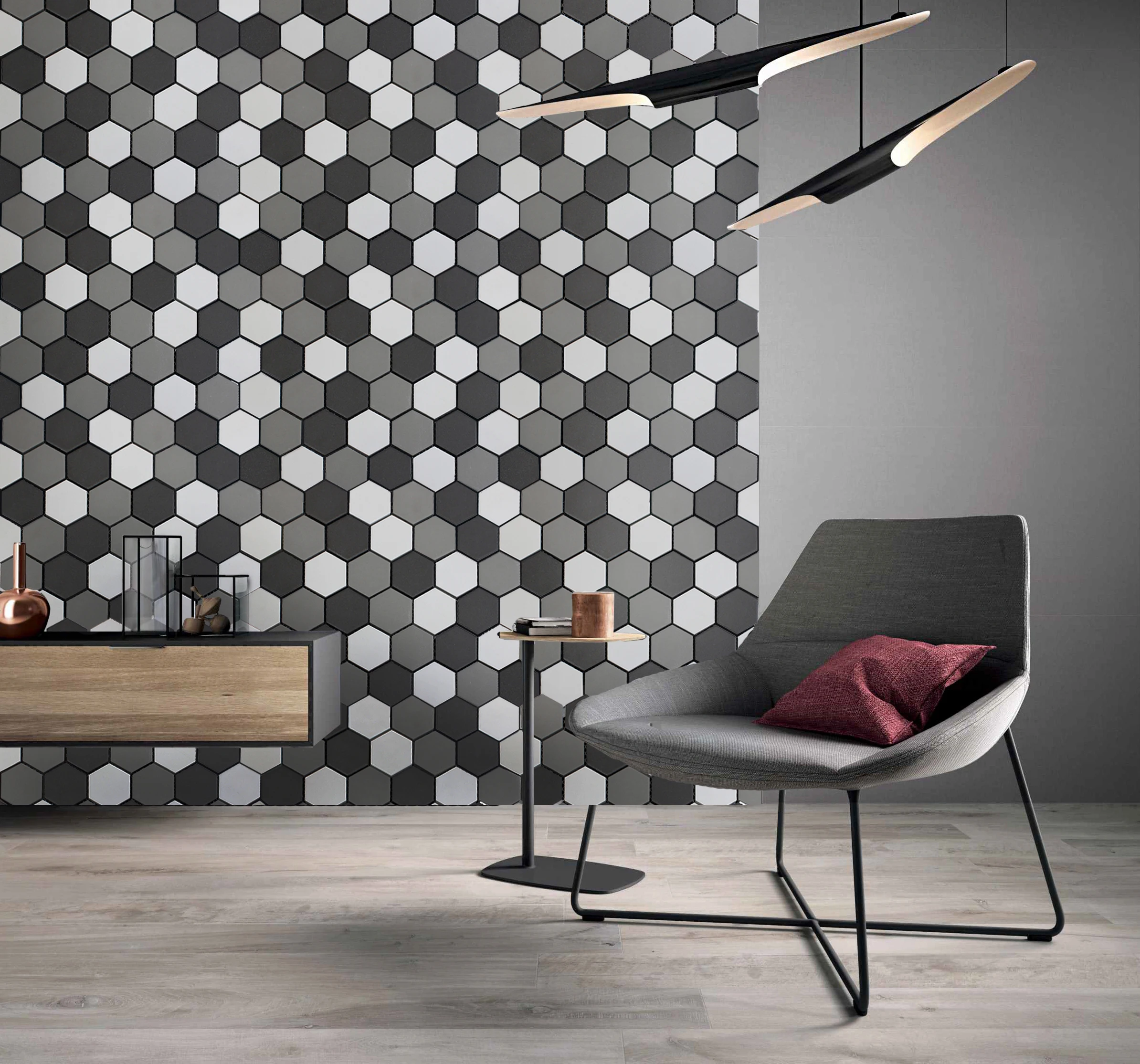Gray and White Hexagon Interior Bathroom Walls Ceramic Mosaic Tiles for