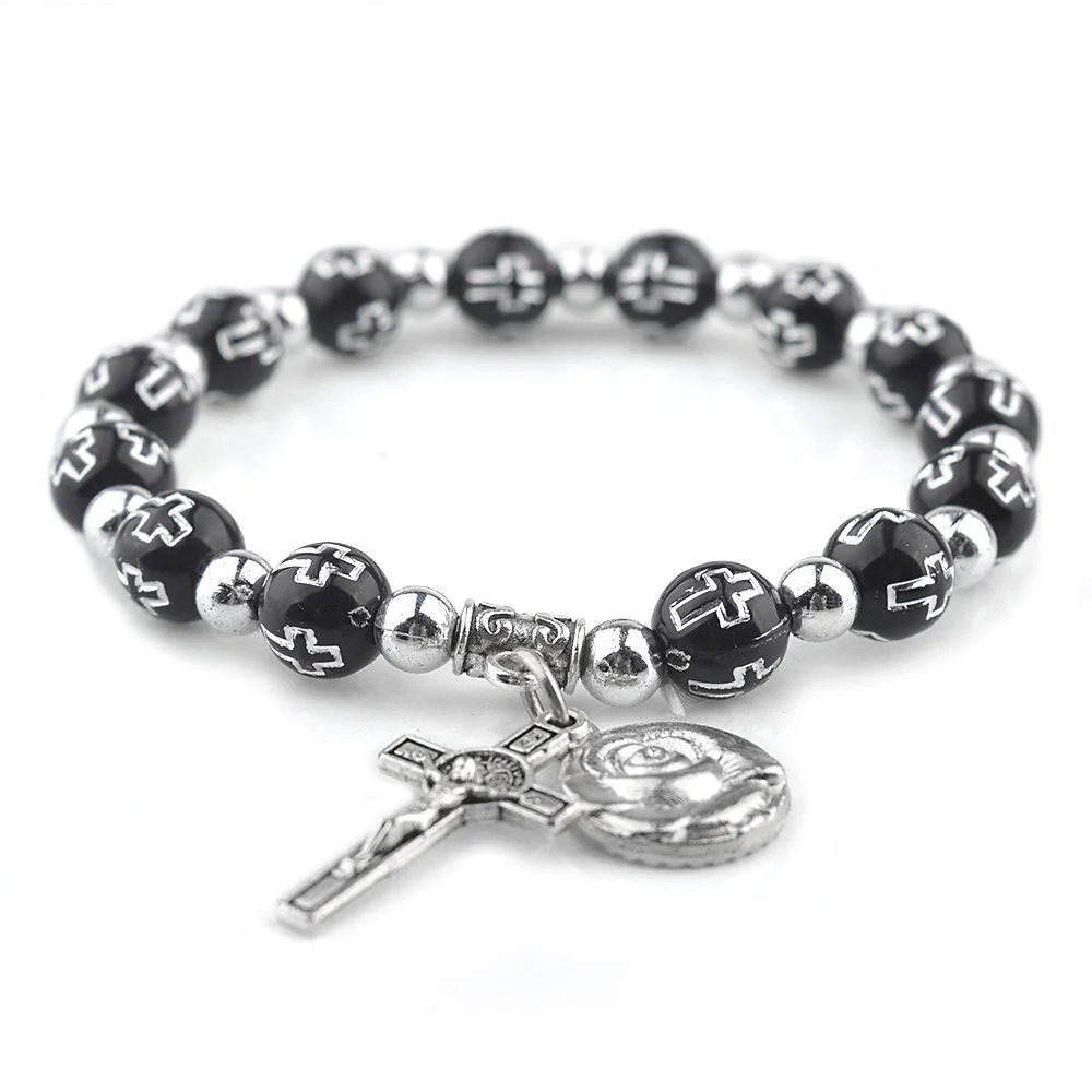 Multi-color Plastic Beads 8mm Cheap Cross Bracelets Strong  Elastic Rope Catholic Bracelets With Rose Medal