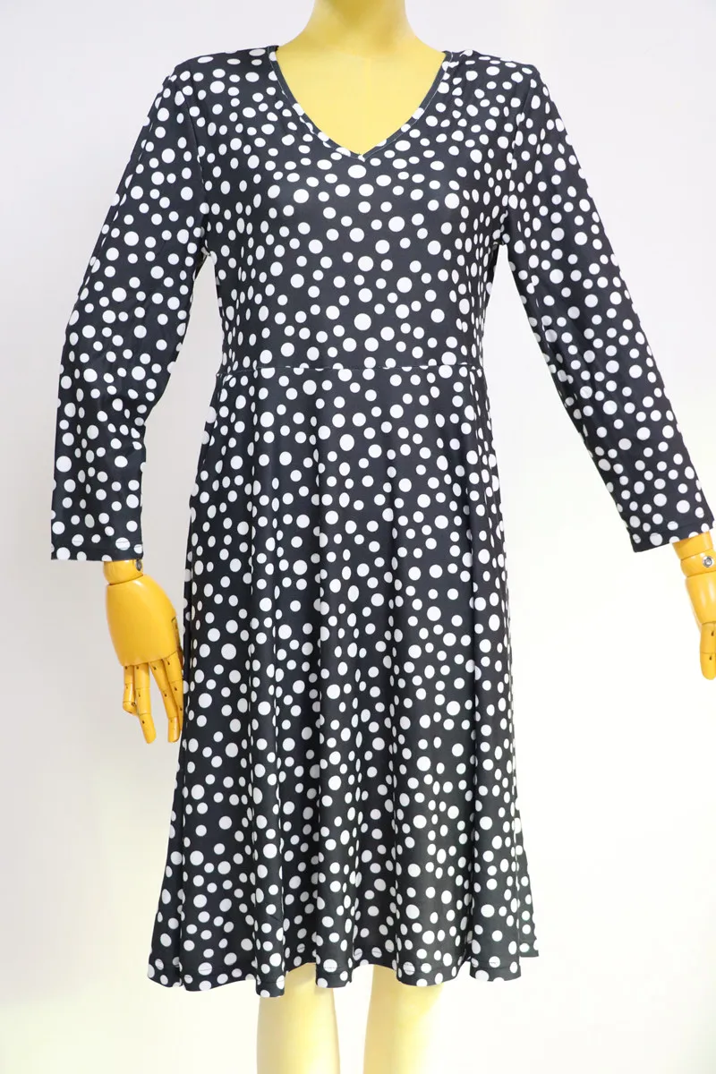 NO MOQ Super Soft Fashion Women Full Long Sleeve Dresses for Winter Custom Polka Dots Autumn Wears V-Neck Dresses with Pockets