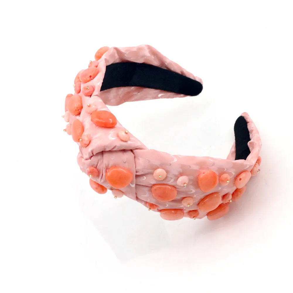 hand sewn irregular beads pink women luxury designer bling beaded furry headband for women