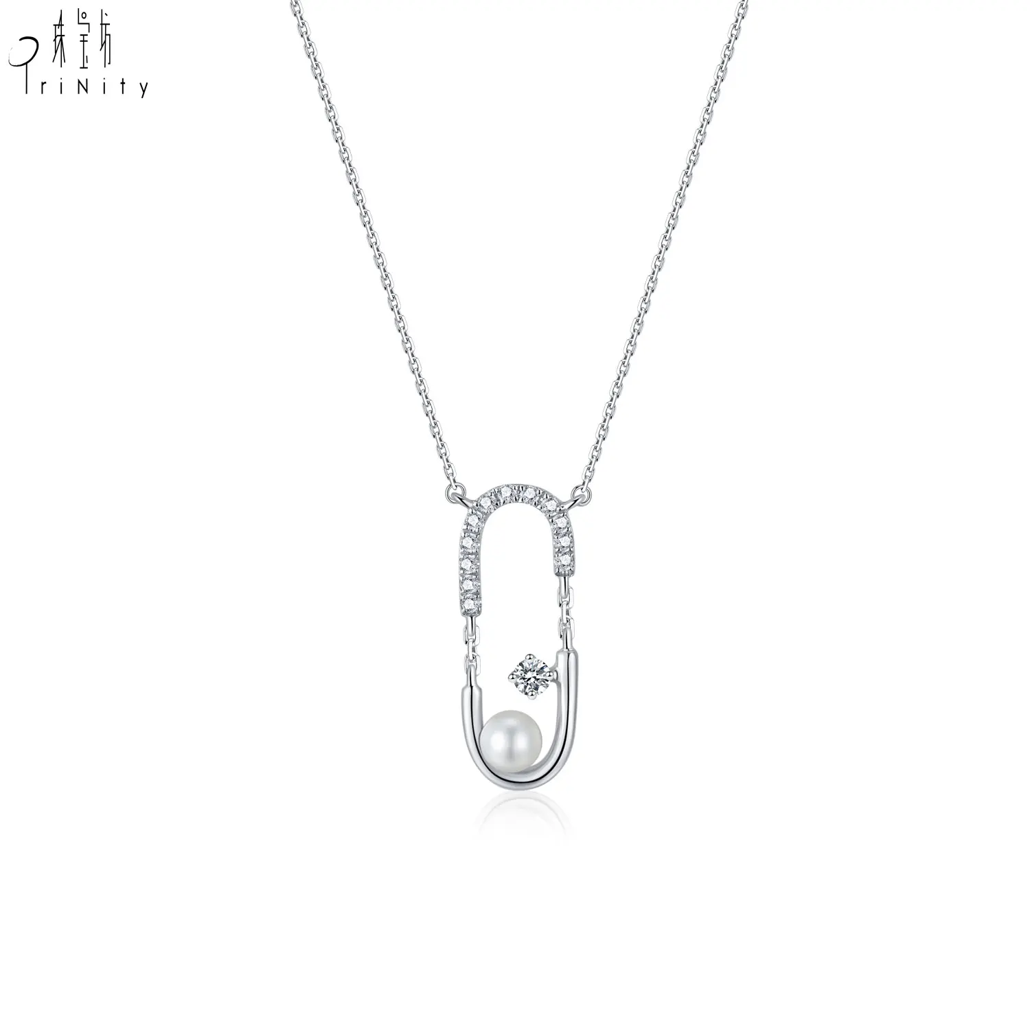 New Arrival Simple Elegant Diamond Jewelry 18K Solid White Gold Natural Diamond Pearl Pendant Necklace Chain For Girls