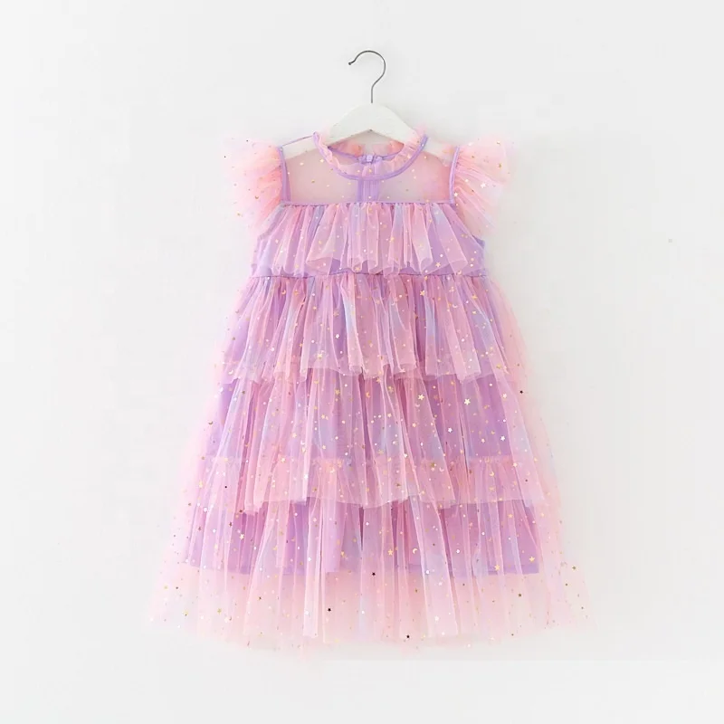 Summer flying sleeve rainbow star sequined cake desgin princess girls tulle puffy dress
