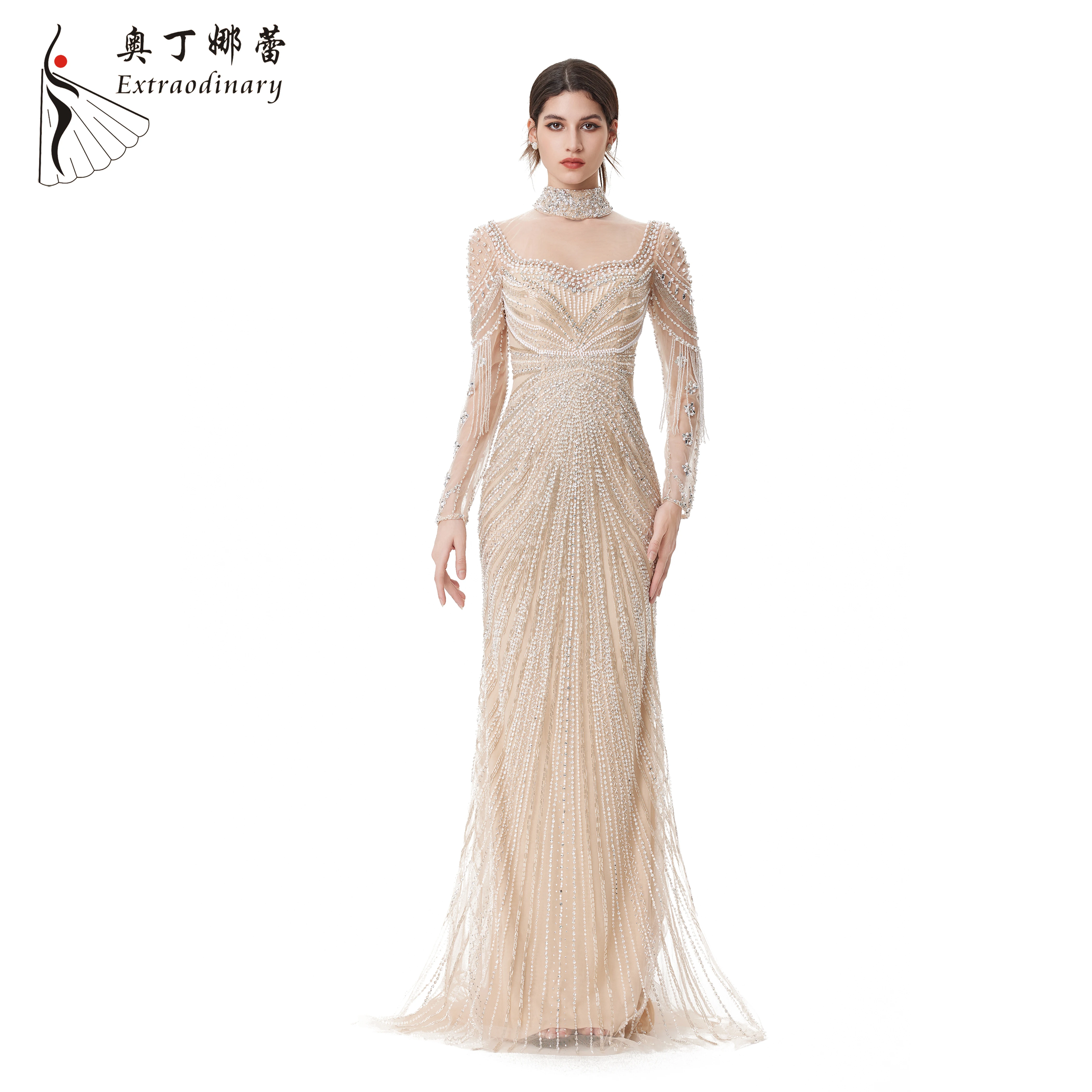 Champagne Long Sleeve Dubai Mermaid Wedding Dress Muslim Evening Dresses Luxury Tassel Beaded Party Gowns