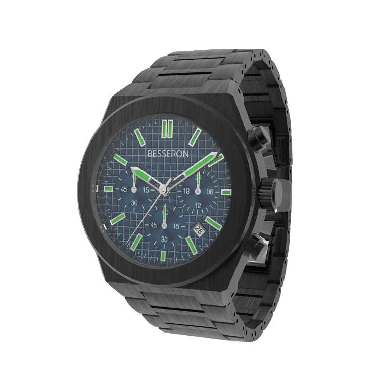 Custom logo stainless steel black color man wrist watches luminous hands chronograph luxury men watch