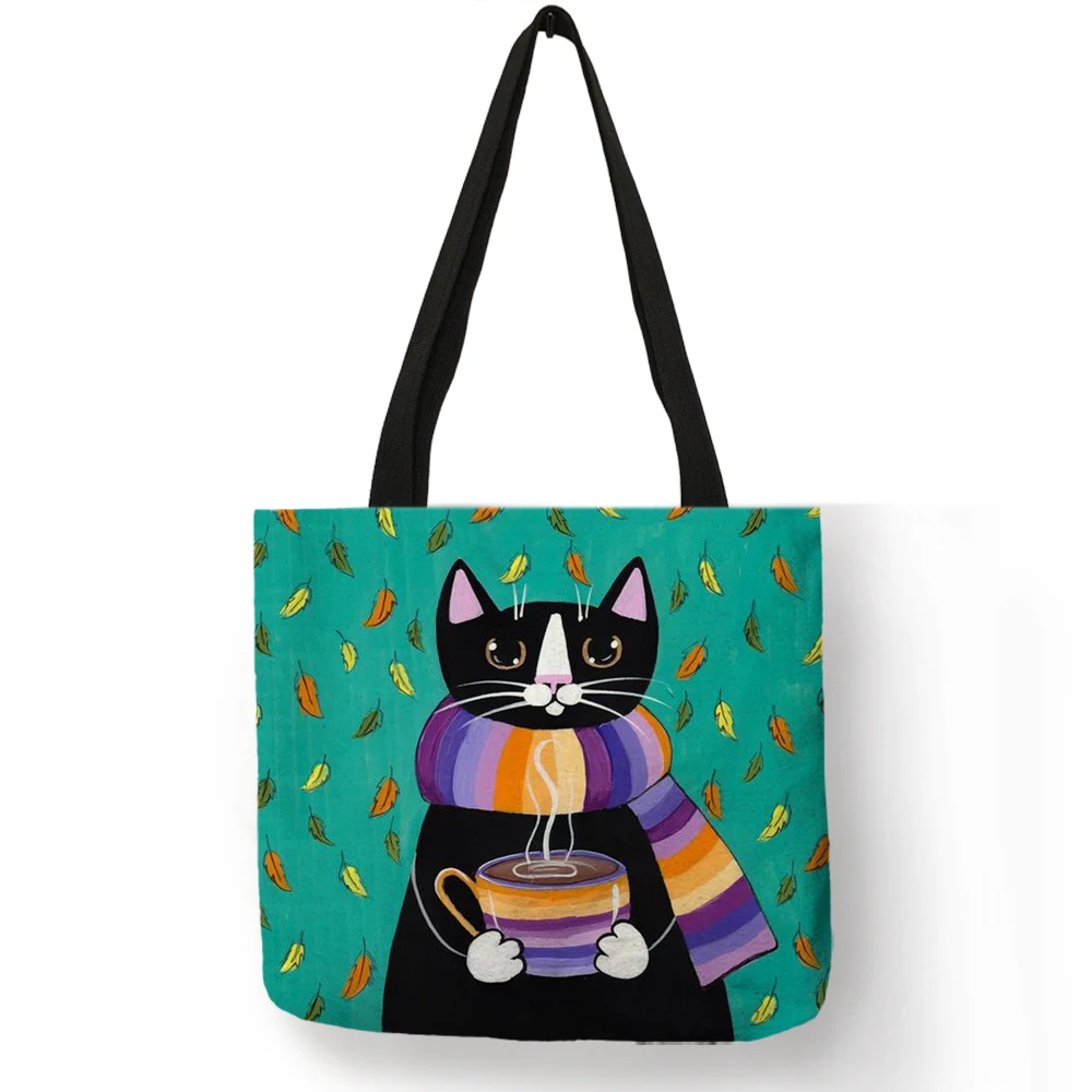 Oil Painting cute Cat Print Women Tote Bags Linen Handbag with Print Logo Casual Traveling Beach Bags
