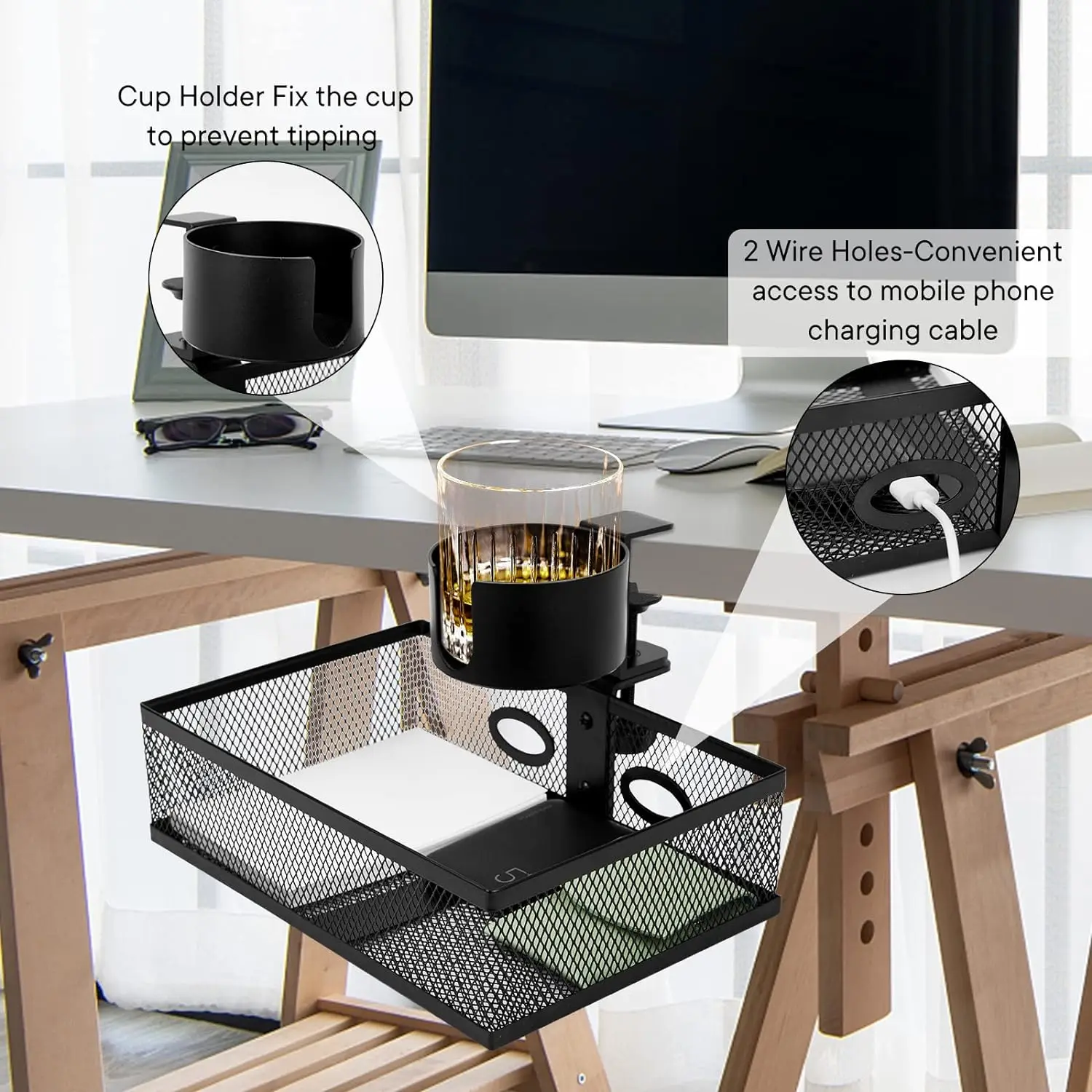 Office Metal Mesh C-Clamp Desk Organizer 360 Rotatable Under Desk Storage Drawers with Cup Holder Organizers and Storage