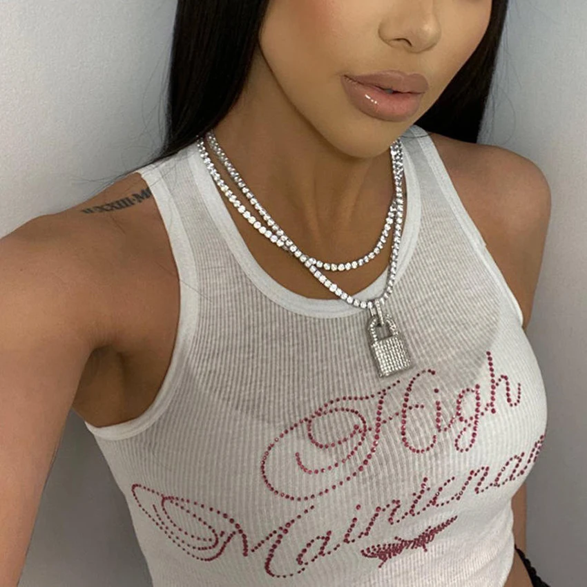 High Quality Custom Bling Rhinestone Logo Crystal Crop Tank Tops Fitted T shirts for Women