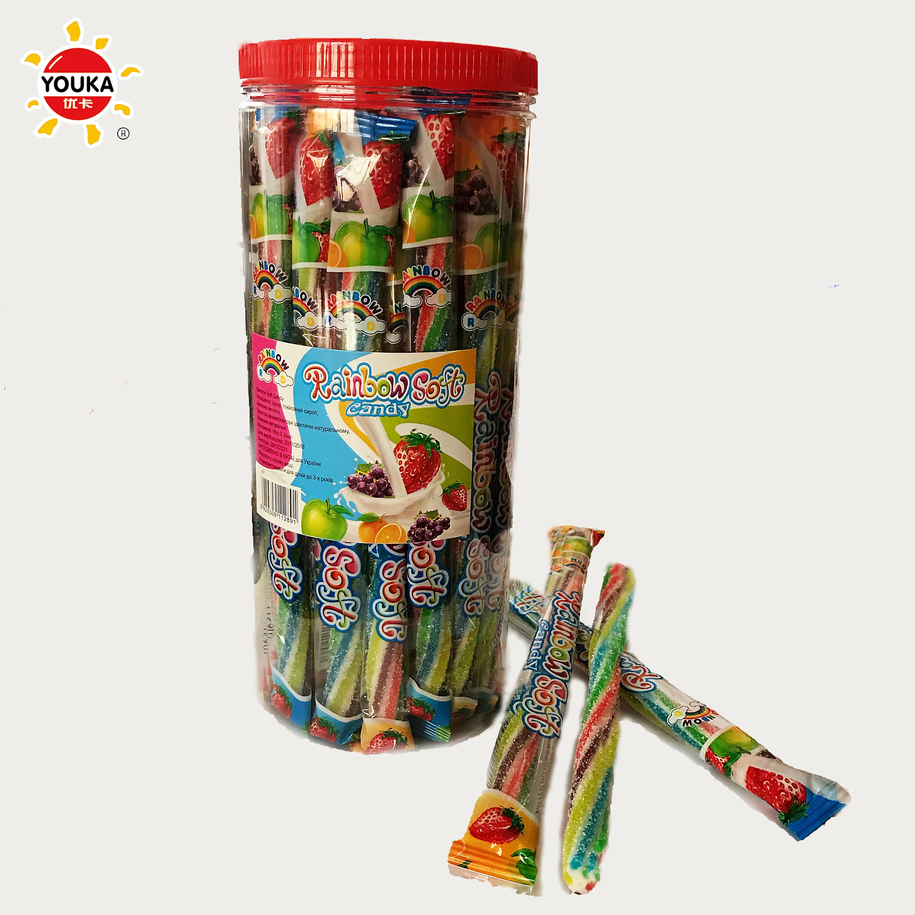 
16g Twisted Rainbow Soft Gummy Candy Jam or Powder Filling Liquorice Stick 