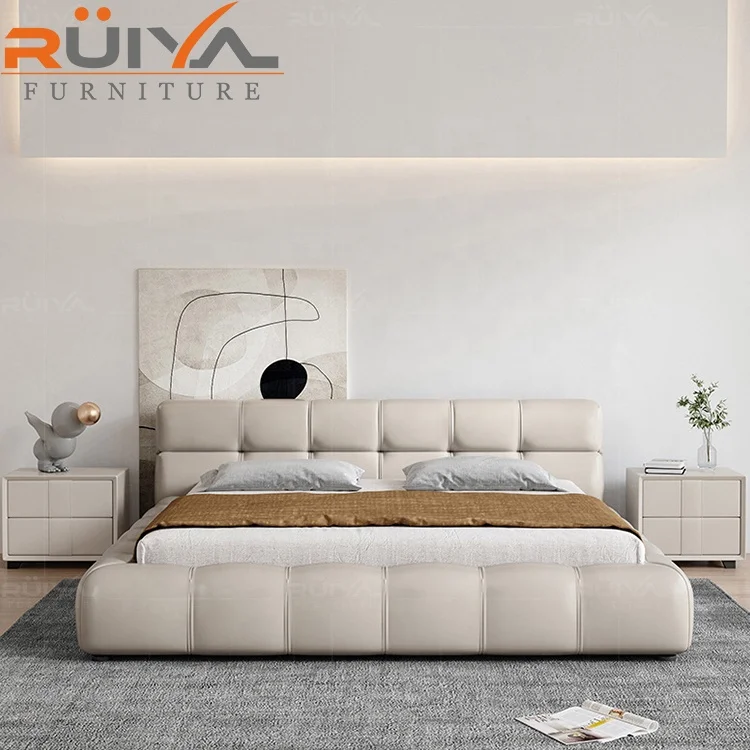 Modern Luxury Upholstered puff design white leather bed set low white leather bed headboard