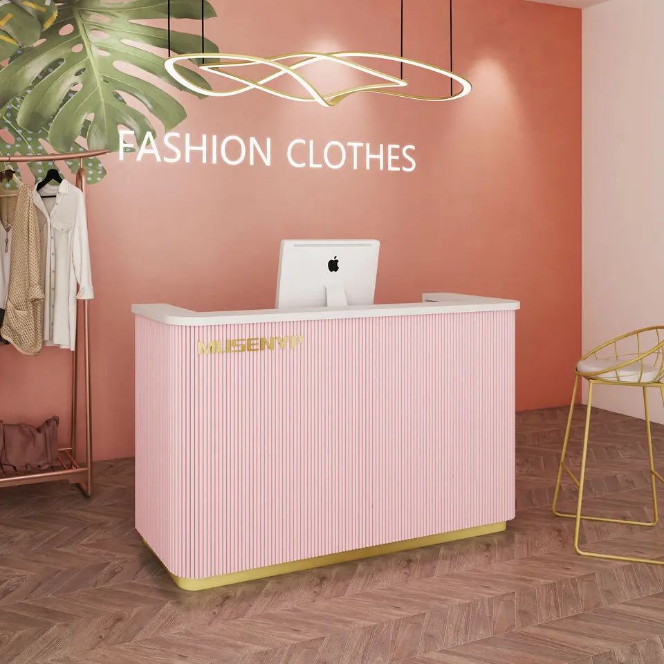 Hot Sale customizable logo color office building front desk artificial stone wood pink reception desk